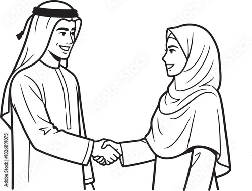 Arab man and woman in hijab handshake line art isolated on a white background. Deal, greeting.