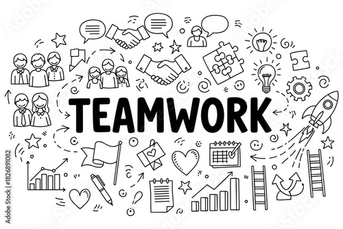 Teamwork concept with doodles of people, collaboration, and success icons