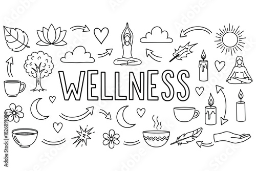 Wellness concept with yoga, relaxation symbols, and nature elements