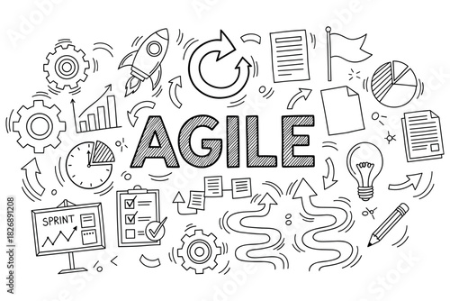Agile methodology concept with doodles of tools and processes for project management