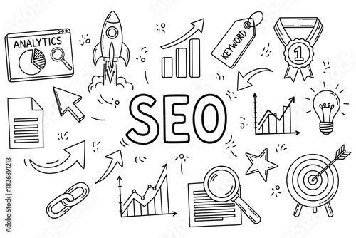 Hand-drawn seo elements with rocket and analytics icon