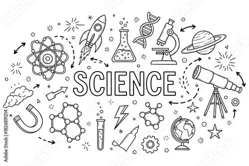 Science doodles: rockets, microscope, dna, and planet in black and white design