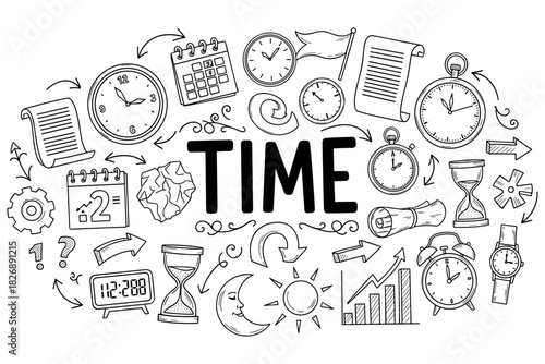 Time management concept with clocks, calendars, and hourglasses in doodle art