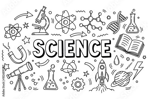Science doodles: microscope, dna helix, molecules, and space exploration illustrations
