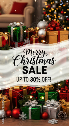 Merry christmas sale promotion with festive gifts and lights