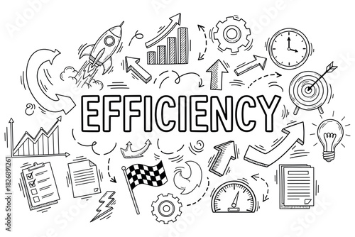 Efficiency concept with arrows, charts, gears, and lightbulb illustrations