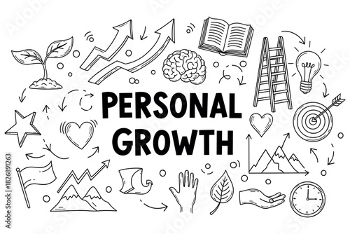 Personal growth concept with icons: arrows, brain, ladder, heart, target, book