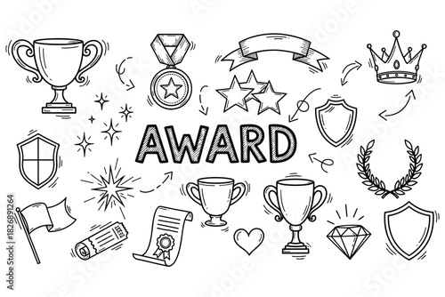 Hand-drawn award elements: trophies, medals, shields, and stars illustration