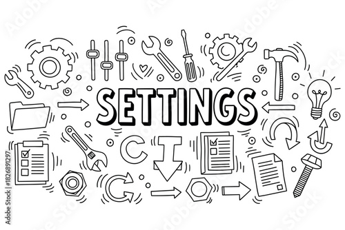 Settings concept with tools and icons illustration in black and white