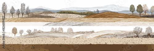 Wektorowa ilustracja stylizowanego krajobrazu z polami, wzgórzami i drzewami, przedstawiająca naturalne środowisko w stonowanych barwach.