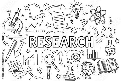 Scientific research concepts: diagrams of chemistry, physics, and discovery tools