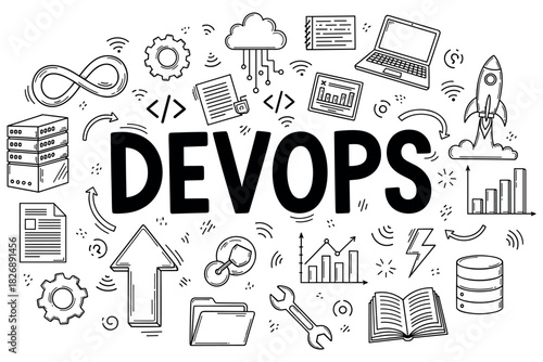 Devops concept with cloud computing and data analysis icons in doodle art style