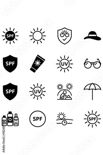 set of Sun Protection icons,
Sun Protection Icon Set,
Minimalist Black SPF, Sunscreen & UV Safety Symbols