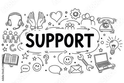 Support icons: customer service, communication, and assistance concepts in hand-drawn style
