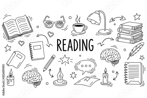 Doodle art of reading with books, lamp, and coffee