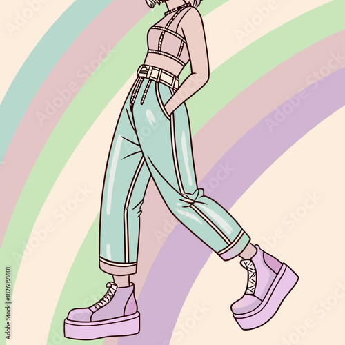 Stylish anime girl in pastel tracksuit and platform shoes