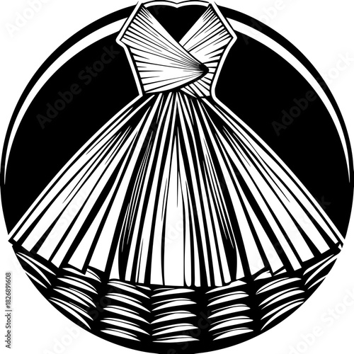 Stylized black and white dress illustration with circular frame