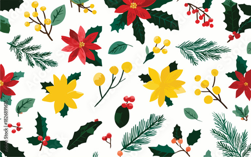 Świąteczny wektorowy wzór z gwiazdami betlejemskimi, ostrokrzewem, gałązkami sosny i zimowymi jagodami na białym tle, idealny do projektów.