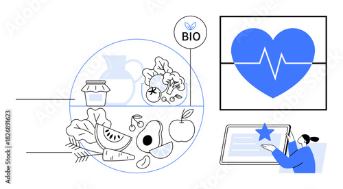 Fresh fruits and vegetables, bio label for organic products, heart health monitor, and checklist with star rating. Ideal for wellness, nutrition, health, fitness, diet sustainability healthy