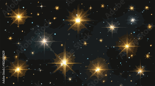 Wektorowy wzór gwiezdnego nieba z błyszczącymi gwiazdami i migoczącymi światłami na ciemnym tle.