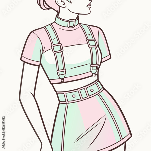 Stylized fashion illustration of a woman in a pastel harness outfit