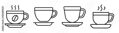 Black and white line art illustration of coffee cups and mugs for cafe menu design and branding use