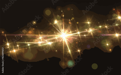 Abstrakcyjne, złote światło i błyski na czarnym tle, tworzące magiczną atmosferę.