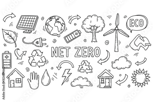 Net zero doodle art with eco-friendly symbols and sustainability icons