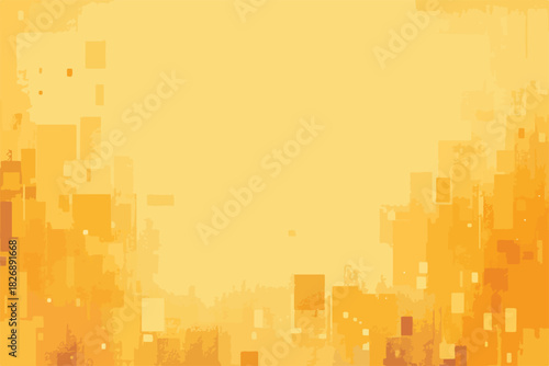 Abstrakcyjne tło z geometrycznymi kształtami i pikselami w odcieniach pomarańczy i żółci.