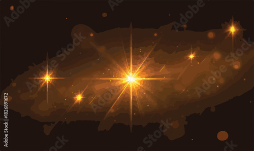 Jasna złota mgławica kosmiczna z błyszczącymi gwiazdami, abstrakcyjny motyw naukowy i technologiczny.