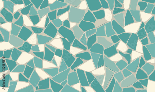Wektorowa mozaika z nieregularnych kawałków w turkusowych i kremowych odcieniach, tworząca bezszwowe tło.