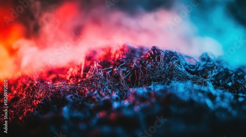 An abstract sculpture of interwoven strands glows with vibrant red and blue light against a smoky background