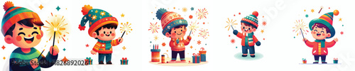 vector little boy playing fireworks new year celebration