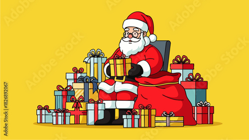 Flat vector illustration of Santa Claus surrounded by many Christmas gifts wrapped in ribbons of various sizes, perfect for Christmas cards, posters and holiday-themed designs.