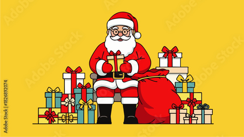 Flat vector illustration of Santa Claus surrounded by many Christmas gifts wrapped in ribbons of various sizes, perfect for Christmas cards, posters and holiday-themed designs.