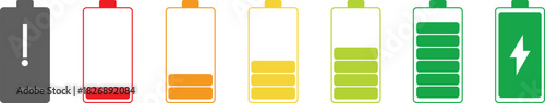 Battery level indicators. Colorful battery charge level icons. Battery power level pictograms in outline style. Vector
