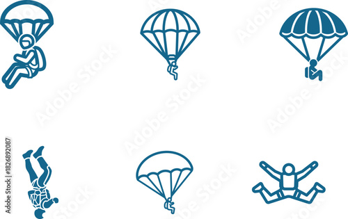 Parachuting icons representing skydiving activities with people enjoying extreme sports and adventur