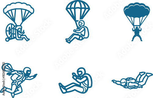 Set of parachuting sports flat icons skydiving silhouettes adventure extreme activity concept skydiver icons with parachutes for sport or hobbies vector illustration