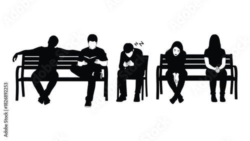 People on benches silhouette isolated on white background, Vector