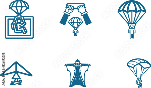 Skydiving and Extreme Sports Icons with Parachutes and Gliding Equipment Representing Adventure and Thrill Seeking Activities