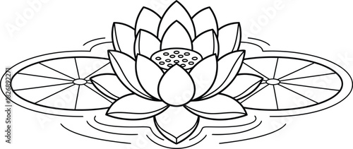 Simple black and white line art of a symmetrical blooming lotus flower with lily pads on water, an elegant vector floral icon for wellness flower08