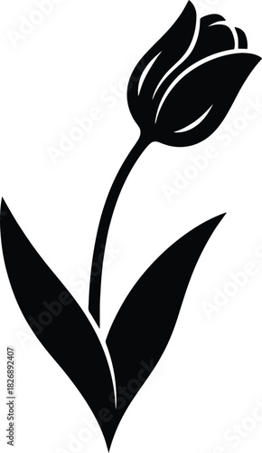 Simple black tulip flower silhouette icon. Vector graphic of a spring plant with stem and leaves isolated on a white background