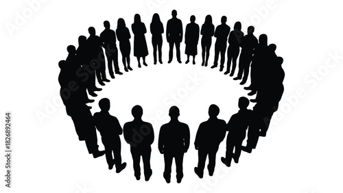 People silhouettes in a circle isolated on white background, Vector