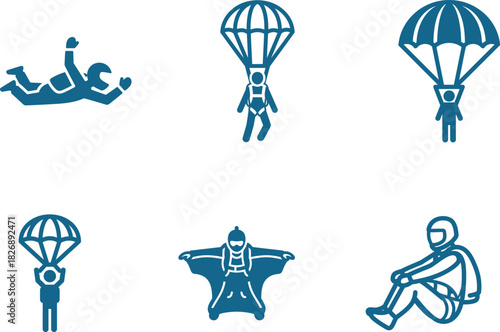 Skydiving Icons Set Featuring Skydivers with Parachutes and Wingsuit Flying Isolated on White Background Representing Extreme Sports and Recreational Activities