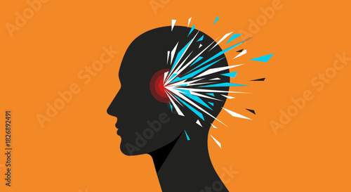 A striking illustration of a human head silhouette experiencing an intense burst of energy or pain, symbolizing stress, migraines, or a sudden impactful thought.