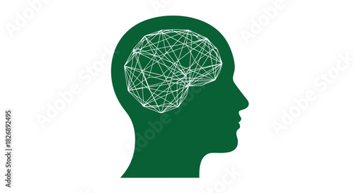 Abstract representation of a human head profile with a geometric network symbolizing the brain and cognitive processes.