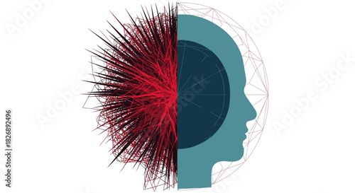 Abstract representation of a human head split into organized thought and chaotic data streams symbolizing complexity and information overload.