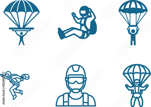 Skydiving Icons Set Vector Illustration Showing Skydiving Activities with Parachutes and Jumpsuits for Extreme Sports and Leisure Pursuit Activities in a Simple and Clean Design