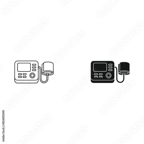 Two contrasting digital blood pressure monitors one line art and one solid black illustration