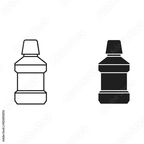 Two simple line art icons of a mouthwash bottle one outlined and one solid black